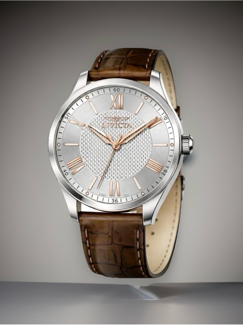 Invicta Celestial43mm Watch Silver SS, Leather Band Rose Gold Roman NumeralsDial
